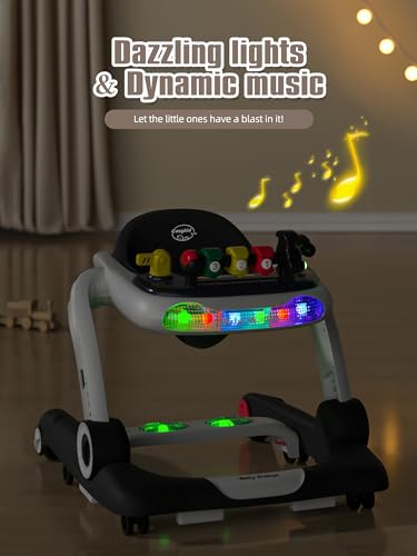 Music and Lights Baby Walker with Wheels, 6 in 1 Baby Activity Center w/Ergonomic backrest Design, Baby Walkers for Boys w/Foot Pads, Music Bouncer Walkers for Boys Girls Babies 6-18 Months, Black