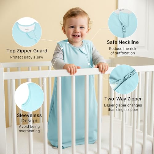 Supersoft Rayon Made from Bamboo Sleep Sack 6-12 Months 0.5 Tog Lightweight Toddler Sleep Sack Baby Wearable Blanket with 2-Way Zipper Summer Unisex Sleeping Bag for Babies (2 Pack) Blue & Gray