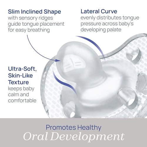 Chicco PhysioForma Luxe Orthodontic Pacifier for Babies 6-16 Months, One-Piece 100% Soft Silicone, Supports Breathing, Textured Shield & Handle, Sterilizing Case, BPA Free, 2-Pack, Crystal