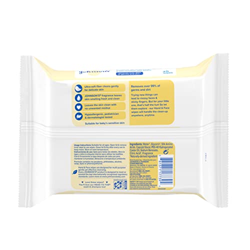 Johnson's Baby Disposable Hand & Face Cleansing Wipes, Pre-Moistened Wipes Gently Remove 99% of Germs & Dirt from Delicate Skin, Paraben-, Phthalate- & Alcohol-Free, Hypoallergenic, 25 Count