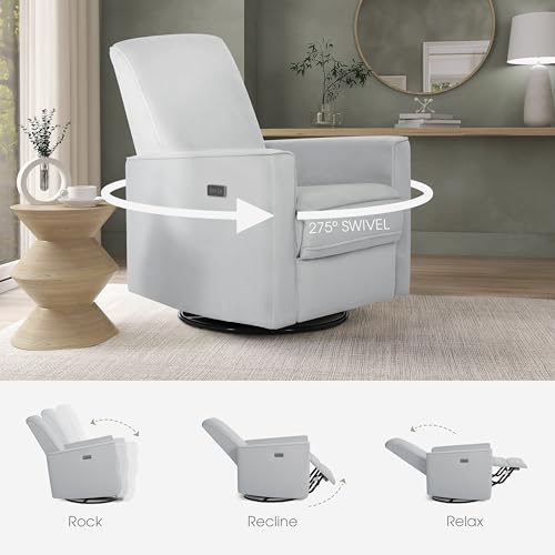 Evolur Harlow Upholstered Power Glider Recliner with USB Charging – Rocking & 275° Swivel with Smooth Glide – Greenguard Gold & FSC Certified – Modern Nursery and Living Room Chair in Grey