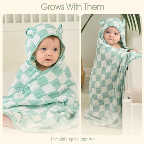 HardNok Ultra-Soft Muslin Toddler Hooded Towel - 55 x 28 Inches, Ideal for Bath & Beach, Suitable for Both Boys & Girls from Newborns to Toddlers Green Check