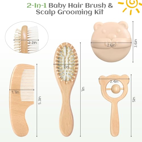 Baby Hair Bush and Comb Set, 5 Pack Wooden Baby Brush with Soft Goat Bristle for Newborns and Toddlers, Perfect for Cradle Cap, Baby Registry Gift, Infant Essentials Care Kit