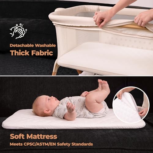 Ezebaby Baby Bassinet Bedside Sleeper: 3-in-1 Rocking Bassinet for Baby - Breathable Full-Mesh Crib with Mattress | 6 Height Adjustable | Portable Crib with Lockable Wheels for Newborns