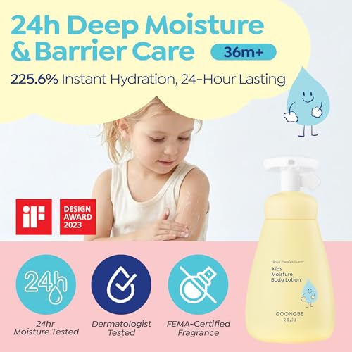 GOONGBE Kids Moisture Body Lotion - 24-Hour Hydrating Daily Moisturizer for Dry Sensitive Skin Ages 3+, Triple Lipid Complex with Ceramide NP, Squalane&Cica, Fast-Absorbing Non-Sticky, 8.45 fl oz
