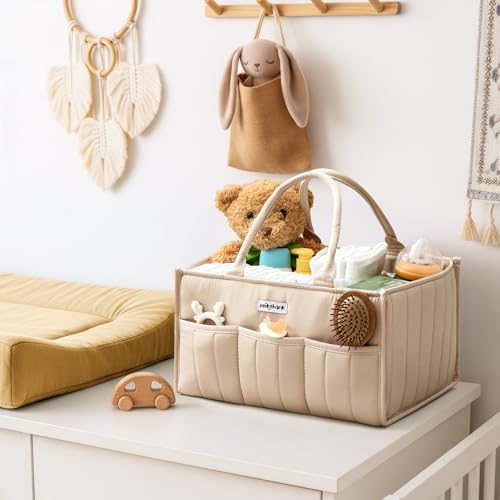 POIKSHARK Baby Diaper Caddy - Stylish Basket for Newborn Essentials, Nursery Storage Bin and Car Organizers for Diapers and Wipes, Gift for Baby Shower, Cream