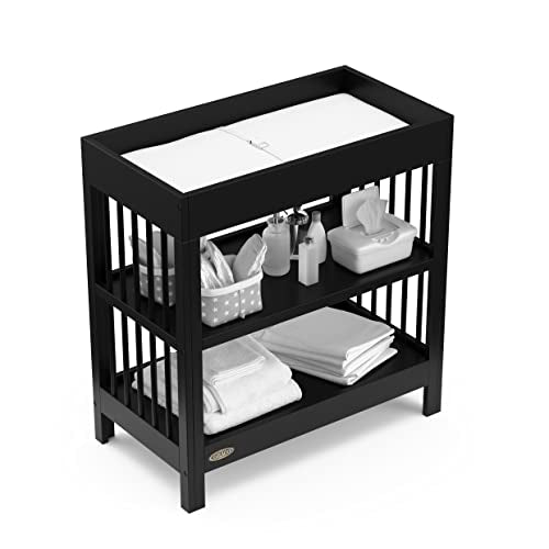 Graco Teddi Changing Table with Water-Resistant Changing Pad (Black) - GREENGUARD Gold Certified, Includes Bonus Water-Resistant Changing Pad with Safety Strap, 2 Shelves, Easy-to-Match