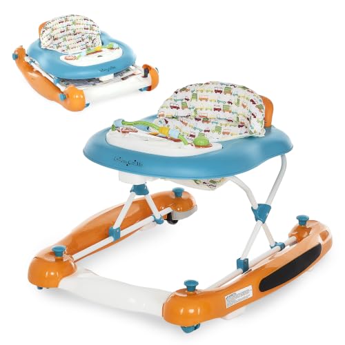 Dream On Me Go-Getter Baby Walker with Rear Push Handle, 2-in-1 Activity Walker and Walk-Behind, 3 Height Adjustments, Easy to Fold, Machine-Washable Seat Pad, Detachable Fun Tray, Orange