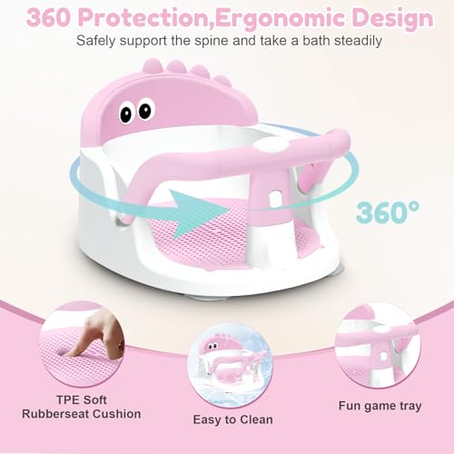 Baby Bath Seat for Babies 6 Months & Up Sitting Up, Non-Slip Baby Bath Chair with Suction Cup, Safe and Comfortable Portable Infant Bath Seat for Bathroom, Bathtub Tub, Easy to Clean (Pink)
