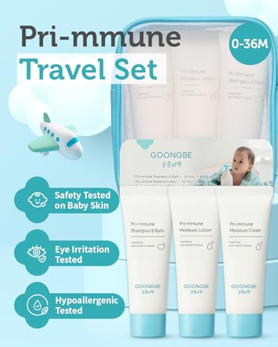 GOONGBE Baby Skincare Travel Set - Korean Baby Skincare & Bath Time Essentials - Shampoo & Bath, Moisutre Lotion, Cream - Hydrating & Nourishing, 3 Items
