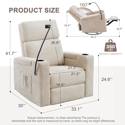 ABCASA Power Recliner Rocking Chair Nursery Glider, Swivel Reclining Nursery Rockers for Baby Room & Living Room, Chenille Chair with Phone Holder, USB/Type-C Ports, Arm Storage, Light Brown