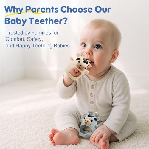 TOHIBEE 2 Packs Baby Teething Toys for 0-6 6-12 Months, Food Grade Silicone Adjustable Cow Teething Mitten, Chew Teether Toys for Teething Pain Relief, Baby and New Born Essentials, Blue & White