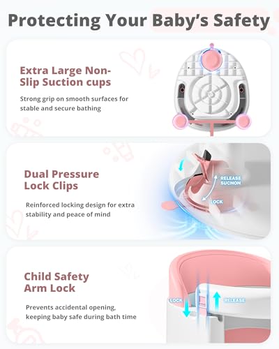 ONTHEWEI Baby Bath Seats for Babies Sitting Up, Non-Slip Baby Bathtub with 3 Suction Cups, Safe & Comfortable Toddler Bath Seat Ideal for Baby Bath/Shower Support, Stable Design, Pink (6-24 Months)