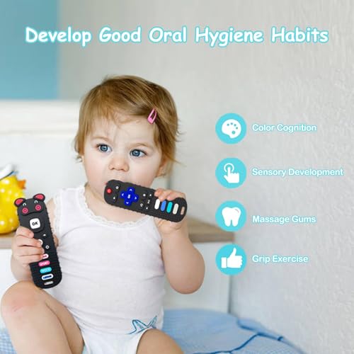 ERSIHUA 2-Pack Silicone Baby Teething Toys, TV Remote Teethers for 6-12-18 Months Infant, Fire Stick Remote Control Shape Baby Silicone Teethers, Chew Toys for Boys and Girls (New-F Black+R Purple)
