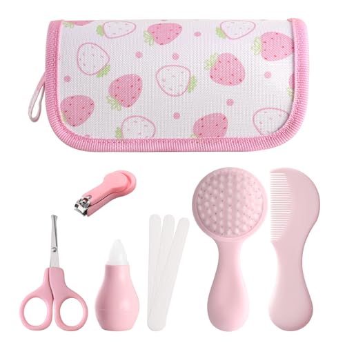 Baby Grooming Kit 6 - Piece Set in Storage Bag(Pink) - Soft Brush, Comb, Nail Clippers, Nasal Aspirator, Safety Scissors & File for Newborn/Toddler Care