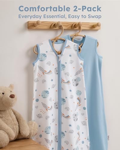Nyessmee Baby Sleep Sack 0-6 Months 0.5 TOG, 100% Cotton Baby Wearable Blanket 2 Pack with 2-Way Zipper, Lightweight Sleep Bag for Boys ＆ Girls Newborn Infant Breathable Sleeing Sack Blue Rokets