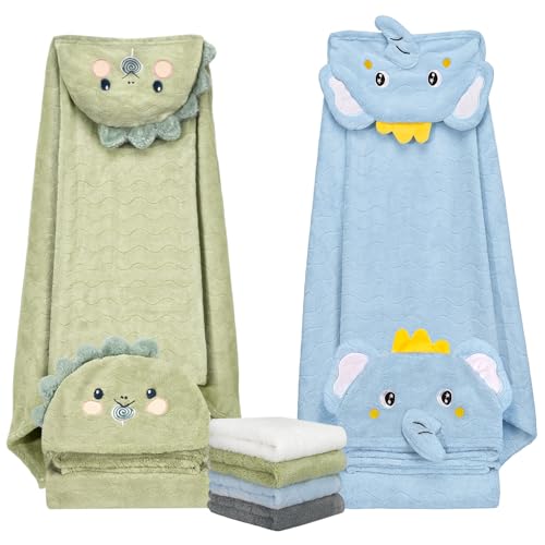 6 PCS Toddler Towels Set for Boy Girl 0-5 Year, 2 PCS Absorbent Hooded Baby Bath Towels Large 55" x 27.5" & 4 PCS Washcloths, Ultra Soft Toddler Newborn Bath Essentials Gifts, Dinosaur & Elephant
