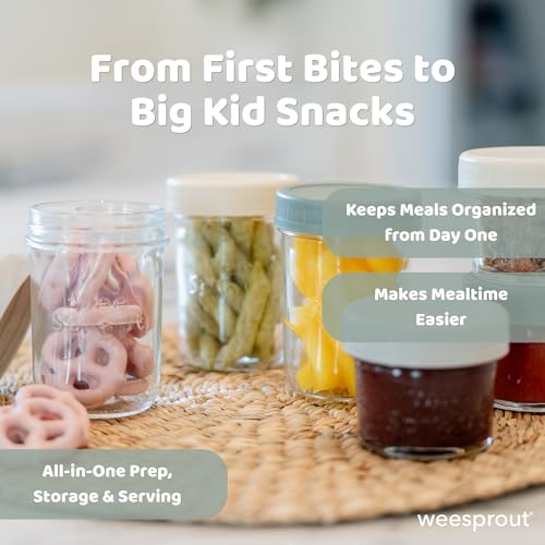 WeeSprout Glass Baby Food Storage Jars w/Lids (4 oz, 12 Pack Set) Snack, Puree, Reusable Small Containers, Breast Milk, Fridge or Freezer, Microwave & Dishwasher Safe, Essential Must Have for Infants