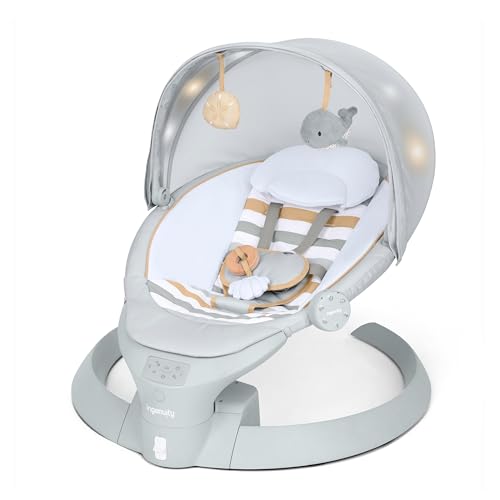 Ingenuity InLighten Baby Swing, 3-in-1 Bounce, Sway & Stationary Seat, Bluetooth Music, Light-Up Canopy, Remote Control, Vibrations, 5-Point Harness, Pebble Shore