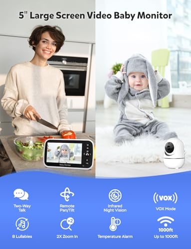 GoodBaby Baby Monitor with Camera and Audio - No WiFi, Remote Pan-Tilt-Zoom, Night Vision, Temperature Sensor, 2-Way Talk, 8 Lullabies, 30-Hour Battery Life，960ft Long Range