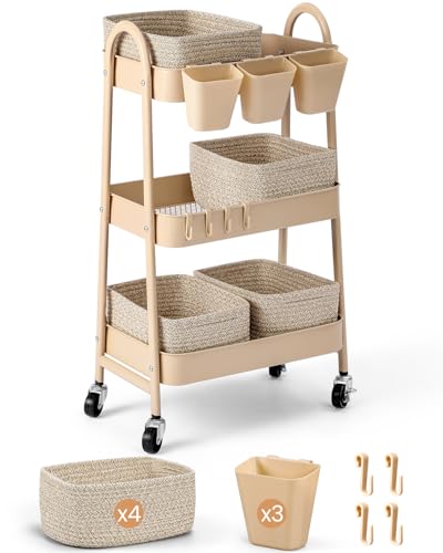 3-Tier Rolling Utility Cart with 4 Woven Baskets, Diaper Book Snack Cart, Storage Organizer for Nursery, Kitchen, Craft Room, Home SPA, Living Room, Metal Frame Trolley on Lockable Wheels, Brown