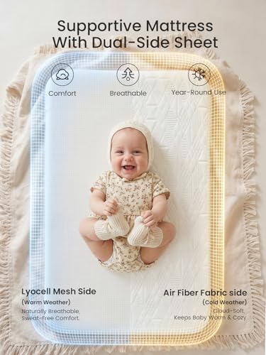 GROWNSY 5-in-1 Baby Bassinet Bedside Sleeper with Gentle Rocking Mode, 6 Adjustable Heights, Full Breathable Mesh, Convertible to Portable Crib, Bassinets with Mattress & Wheels, Beige