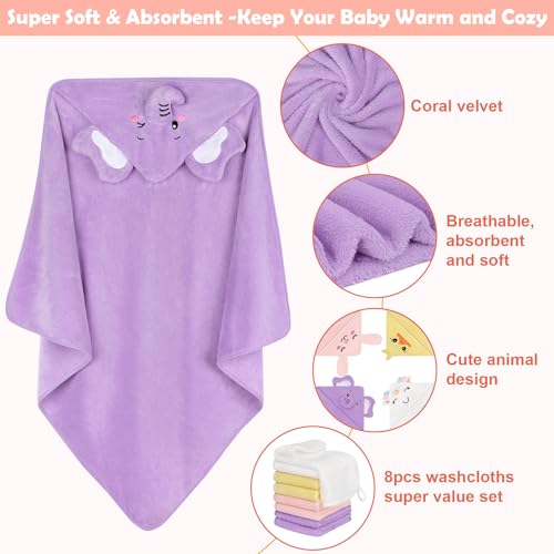CandyHome 12 PCS Baby Bath Towels for Infants Toddlers, 4 PCS Animal Hooded Baby Towels & 8 PCS Washcloths Set, Ultra Absorbent Soft Cute Newborn Bath Essentials Gifts for Boys & Girls