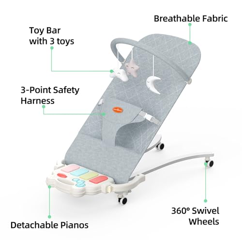 Gryvoth Portable Baby Bouncer Seat 0-18 Months,Detachable Piano & Hanging Toys,3-Level Recline (Rock/Fix),Foldable with Quiet Wheels,Baby Shower