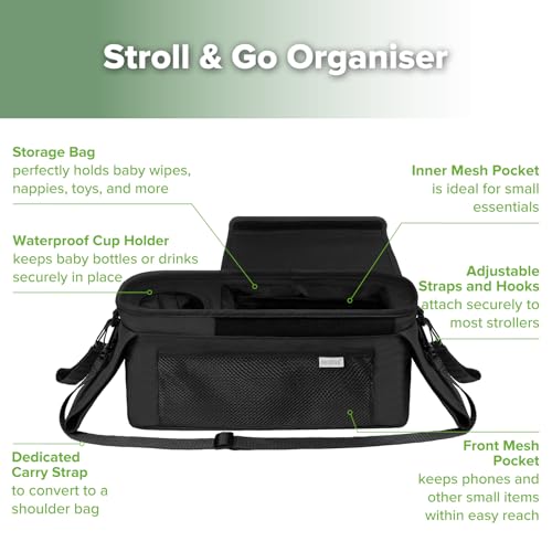 haakaa Universal Stroller Organizer with Insulated Cup Holder - Black, Single Cup Holder, Stroller Caddy with Shoulder Strap & Extra Non-Slip Stroller Hook, Fits Most Strollers
