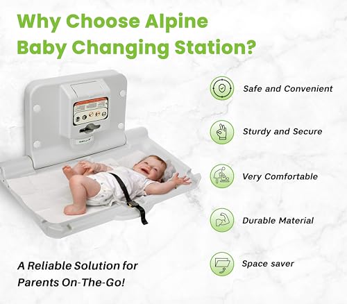 Alpine Wall Mounted Baby Changing Station - Horizontal Baby Changing Table Foldable Diaper Tables with Safety Strap for Commercial Bathroom, ADA Complaint (Hardware Included) White Gray