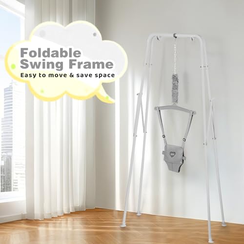 Baby Jumper with Stand, Infant Jumper with Adjustment Strap, Indoor/Outdoor Toddler Swing Set, Baby Jumpers and Bouncers for Boys Girls 6-24 Months, Easy to Assemble & Store (Gray)
