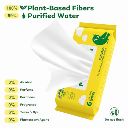 Dorahoney Unscented Travel Wet Wipes, 99% Purified Water Mini Wipes for Sensitive Skin, Hypoallergenic & Plastic-Free Pocket Wipes, 48 Count (8 Packs of 6)