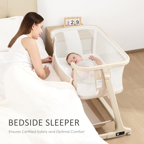 ANGELBLISS Electric Baby Bassinet Bedside Sleeper with Auto Rocking, Remote/Touch Control, 3 Timer Modes, 12 Sounds, 6 Heights, Storage & Wheels (Beige)