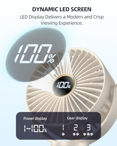 Portable Stroller Mini Fan, Small Rechargeable Personal Fan, Travel Essentials for Baby, Wagon, Car Seat, Treadmill, Battery Powered Biking Gear Accessories, 360° Rotation, 3-Speed, Display, Beige