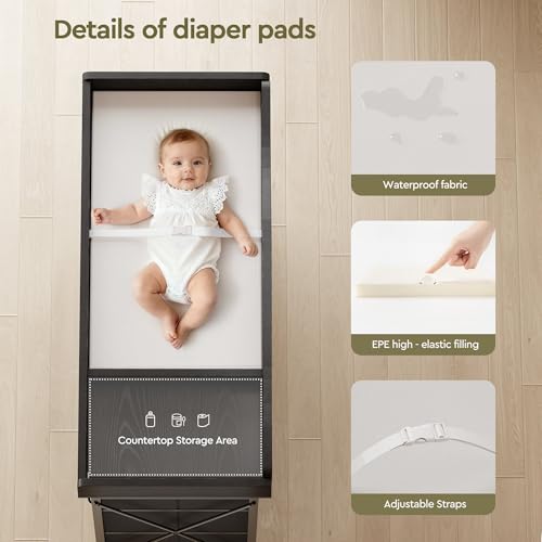 YeTom Baby Changing Table with 9 Fabric Boxes, Waterproof Diaper Changing Station & Pad, Mobile Nursery Diaper Changing Table, Baby Furniture, Black