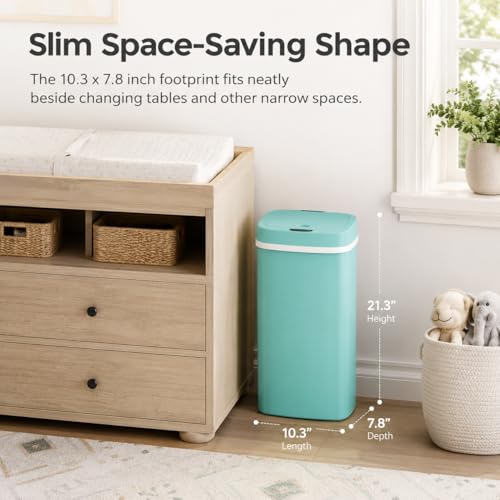 Delletir 15L Smart Diaper Pail with Motion Sensor Lid | Touchless Hands-Free Baby Diaper Trash Can | Double Locking Seal | Slim Space-Saving Design | Quiet & Durable (Turquoise)