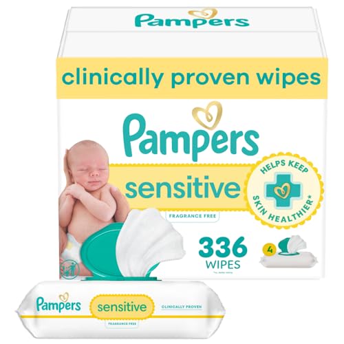 Pampers Sensitive Baby Wipes, Clinically Proven, Fragrance Free, Unscented, Water Based, Hypoallergenic, Multi-Use, Hand Wipes 336 Wipes Total (6X Flip-Top Packs) [Packaging May Vary]