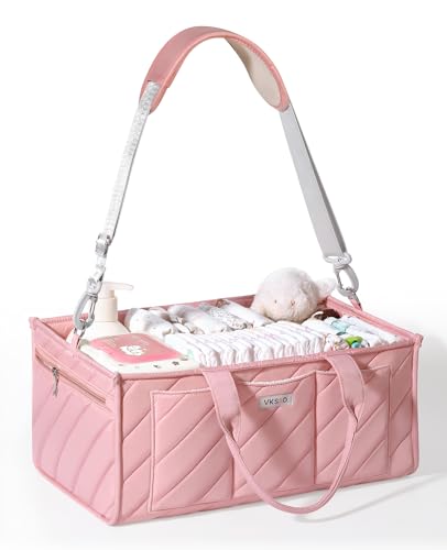 VKSAO Extra Large Diaper Caddy Organizer – Big Nursery Storage Basket with Zipper Pocket, Shoulder Strap & Stroller Hooks, Water-Resistant Travel Tote for Twins, Gift for Baby Shower, Blush Pink