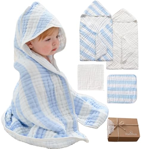HardNok Muslin Hooded Baby Towel 4 Pack, 100% Organic Premium Cotton, (2) 6-Layer 32x32 Bath Towels & (2) Washcloths, Soft Newborn & Infant Gift Set (Blue Stripe & White)