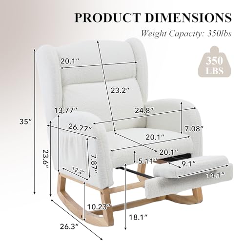 NIOIIKIT Nursery Rocking Chair with Footrest, Teddy Upholstered Glider Chair, Rocker Nursery Chair with Side Pocket, Glider Rocker, Accent Reading Chair for Living Room (White Teddy)