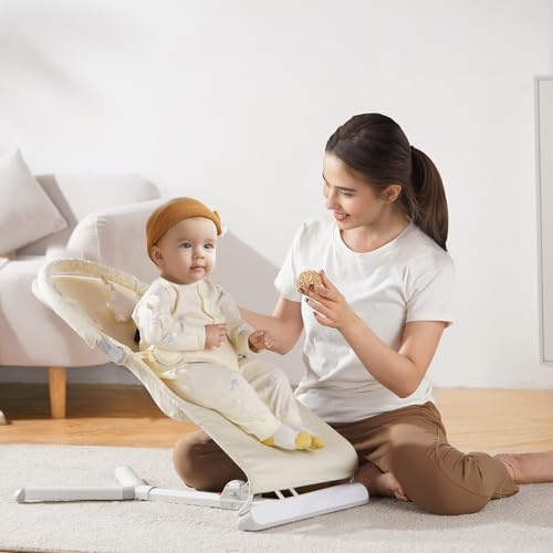 VEVOR Baby Bouncer, Folding Bouncer Seat for Babies 0-9 Months, Portable Baby Bouncer Seat with 2 Reclining Angles, Rotatable Toy Bar & Carrying Bag, Ideal for Indoors Outdoors, Beige