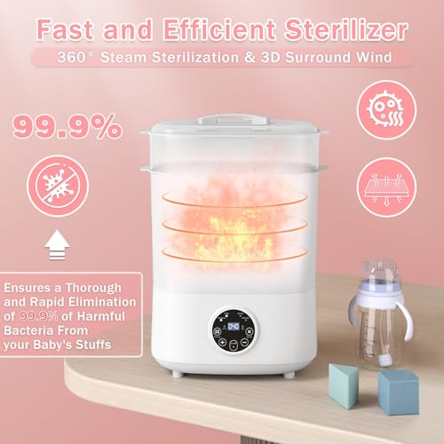 Fisca Baby Bottle Sterilizer and Dryer, 5-in-1 Large Capacity Bottle Sanitizer and Dryer, 2 Layers Compact Baby Bottle Electric Steam Sterilizer and Dryer for Baby Bottles, Pacifiers, Pump Parts
