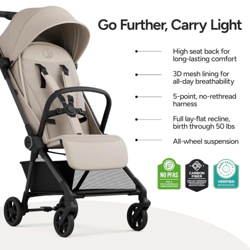 Mompush Nexis Carbon Travel Stroller, Ultra-Lightweight 11.5 lbs, Compact & Airplane Carry-On Approved, One-Second Auto-Fold, One-Hand Full Recline, from Birth to 50 lbs, JPMA Certified, Khaki