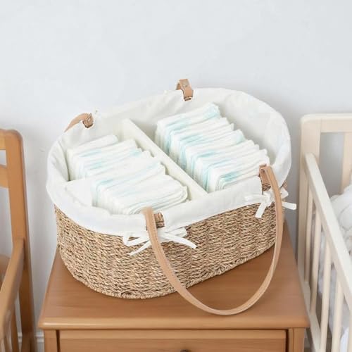 QINGTUHOME Handwoven Wicker Diaper Caddy Organizer, Multi - functional Baby Diaper Bag for Nursery & Home Storage, Detachable Lining, PU Handles, Baby Registry Must Haves (Seagrass)