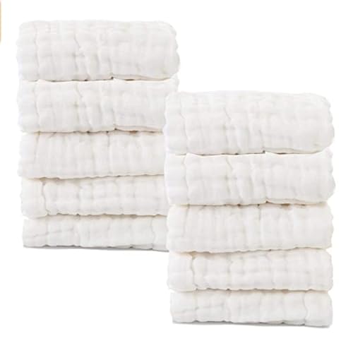 Baby Muslin Washcloths- Natural Cotton Wipes - Soft Newborn Face Towel for Sensitive Skin- Registry as Shower, 10 Pack 12x12 inches by MUKIN (White)