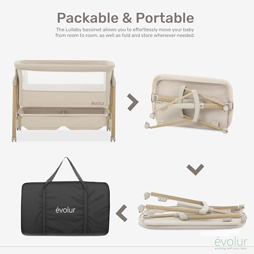 Evolur Lullaby Portable Bassinet with Wheels, Adjustable Bedside Sleeper, Breathable Mesh Sides, Large Storage Basket, Easy Fold, and Travel Bag Included, Perfect for Newborns & Infants - Biege