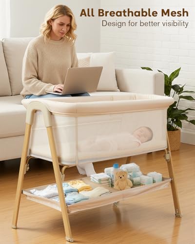 JevrJeur Baby Bassinet, Bedside Bassinet for Baby, Bassinet Bedside Sleeper with Mattress, Storage Basket and 4 Auto-Lock Wheels, Full-Mesh Sides, Bedside Mini Crib for Newborn (Beige)