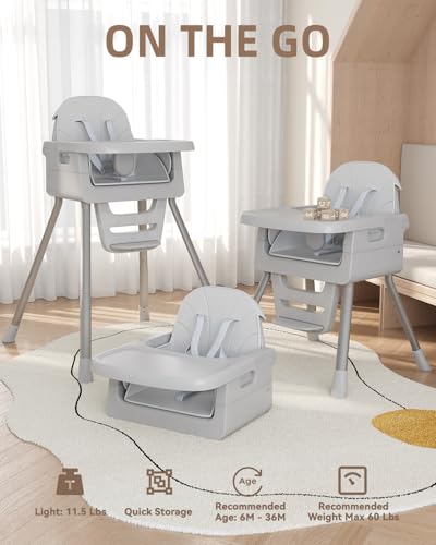 EverKiddo Baby High Chair for 6 Months+, Foldable High Chairs for Babies and Toddlers, Convertible High Chair, Adjustable Tray & Footrest, Portable High Chair & Easy to Clean(Gray)