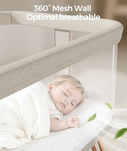Fodoss Baby Bassinets Bedside Sleeper - 3-in-1 Baby Bassinet with Wheels, Soft Mattress, Storage Tray, Full-Mesh Sides, 7-Height Adjustable Crib for Newborns