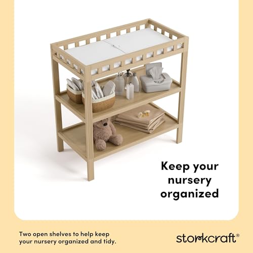 Storkcraft Morningside Changing Table (Driftwood) – GREENGUARD Gold Certified Baby Changing Table, Includes Waterproof Diaper Changing Pad, Easy 30-Minute Assembly, 2 Open Shelves for Storage